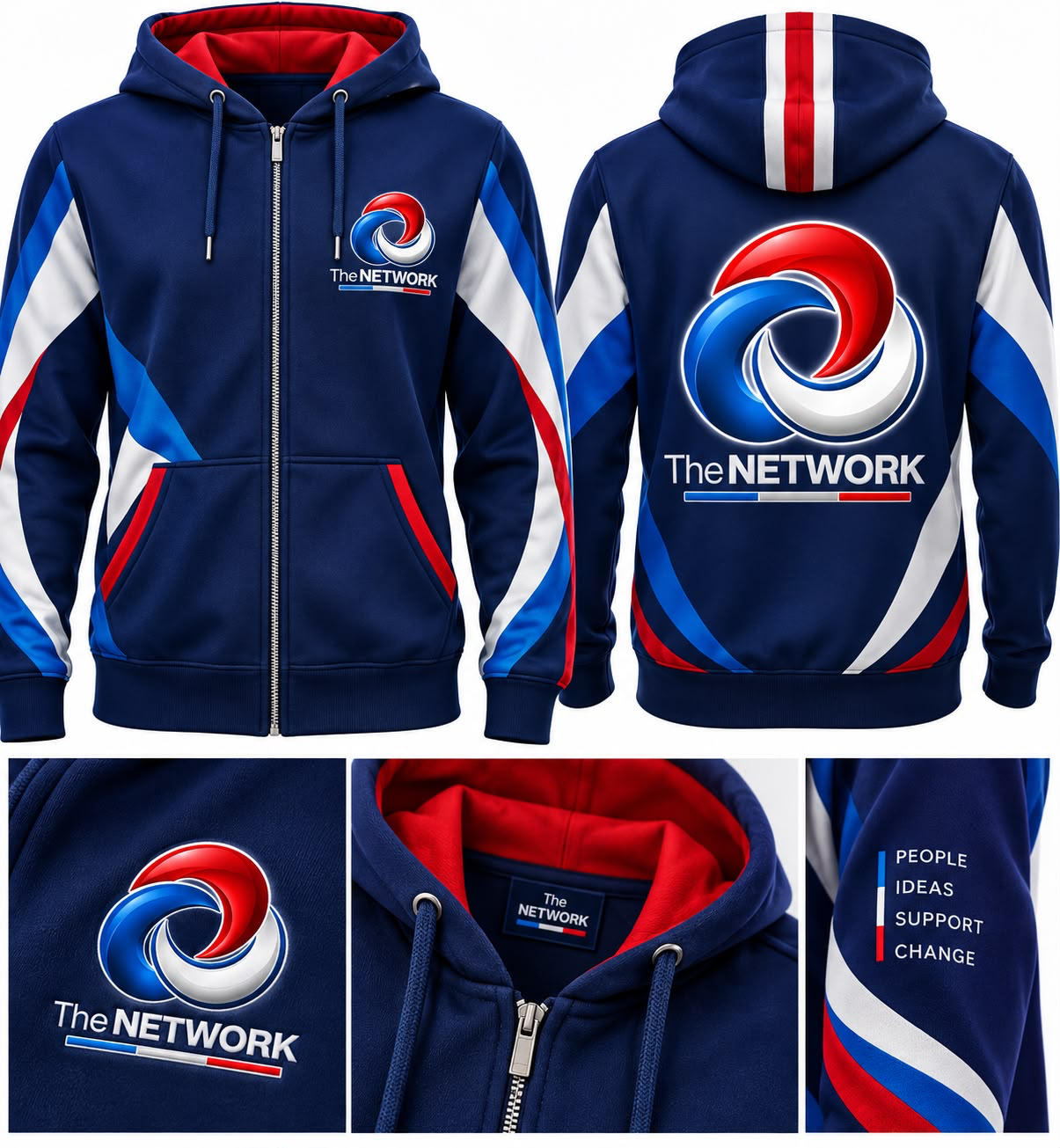 The Network hooded top in navy with red and blue detailing