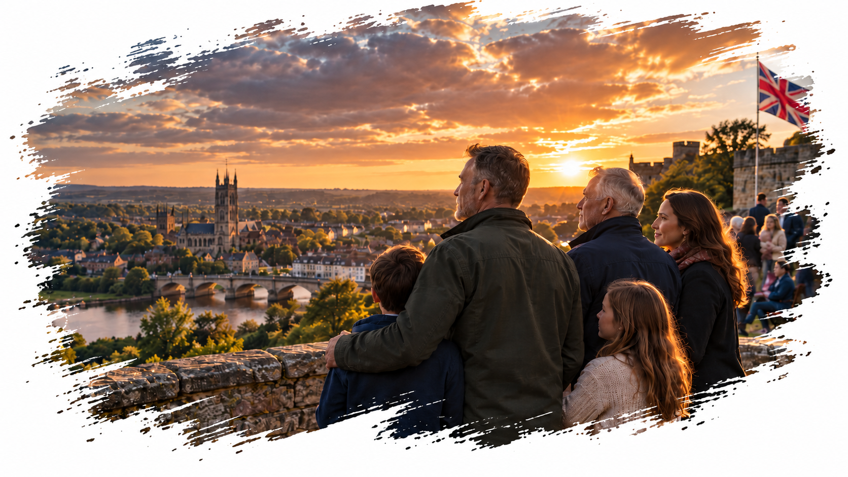 A British community overlooking a town at sunset